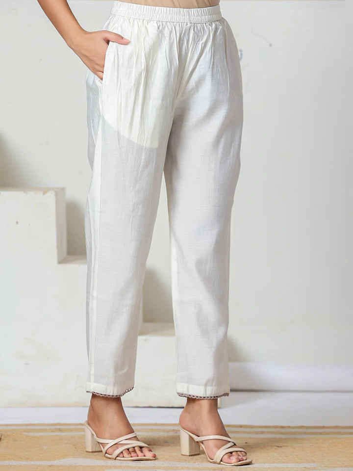 Off White Roman Silk Embroidery Straight Lining Kurta Pant Dupatta Set