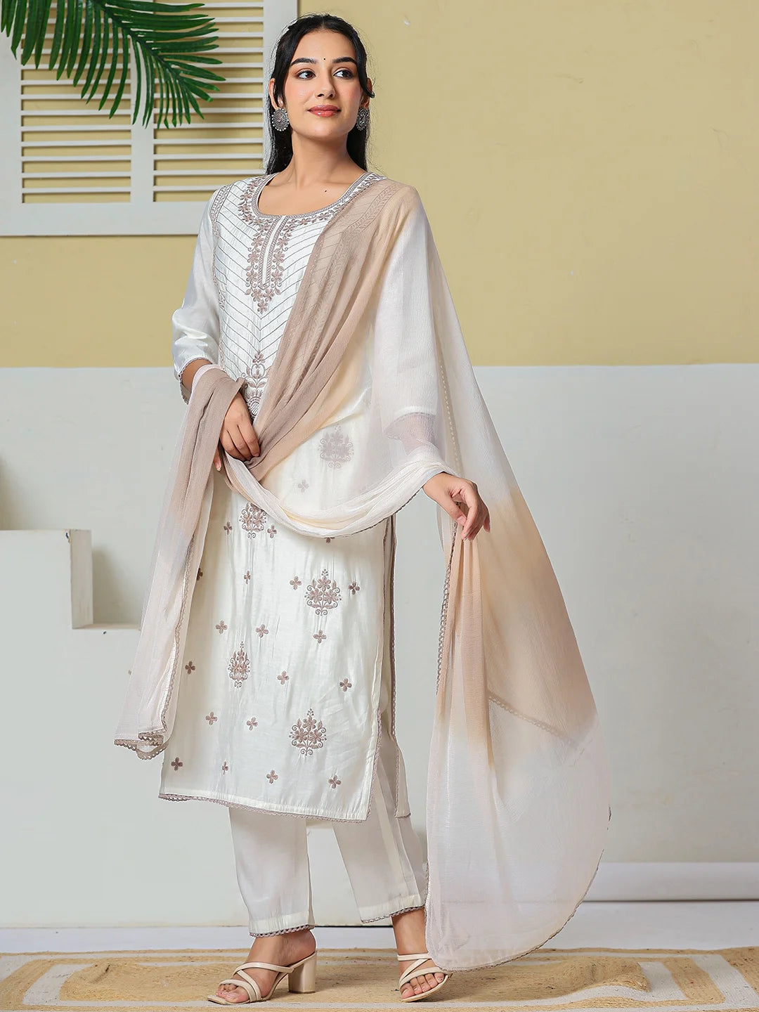 Off White Roman Silk Embroidery Straight Lining Kurta Pant Dupatta Set