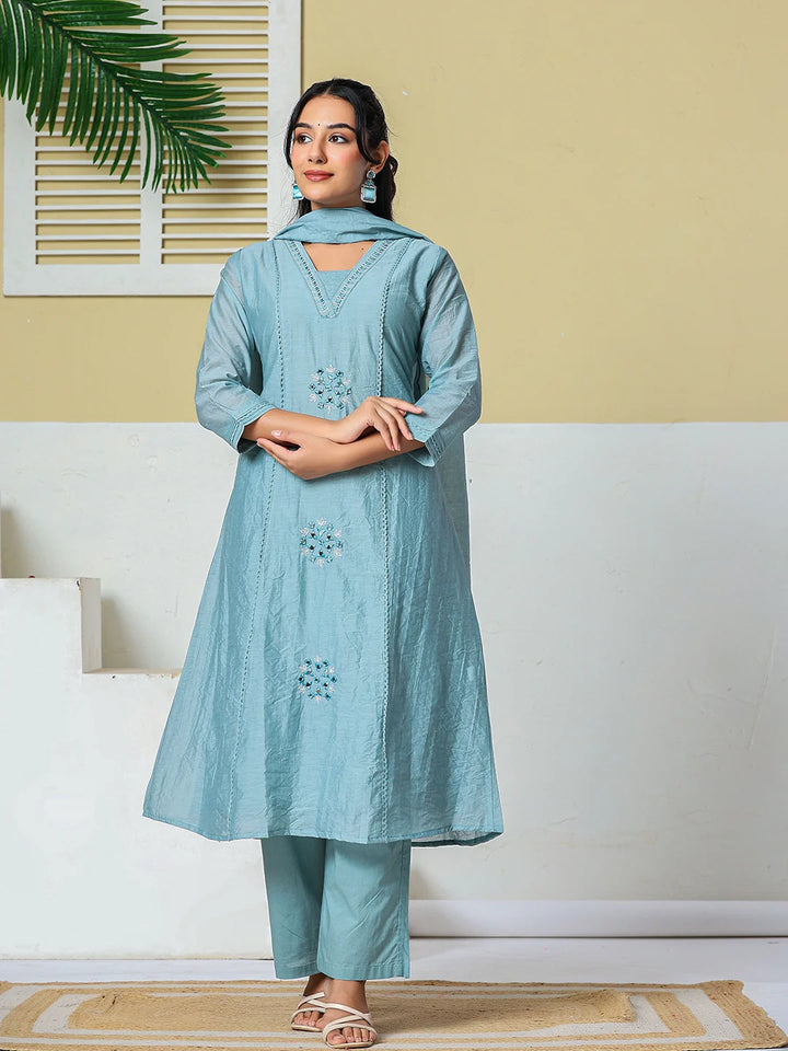 Blue Mul Chanderi Embroidery A Line Kurta Pant Dupatta Set
