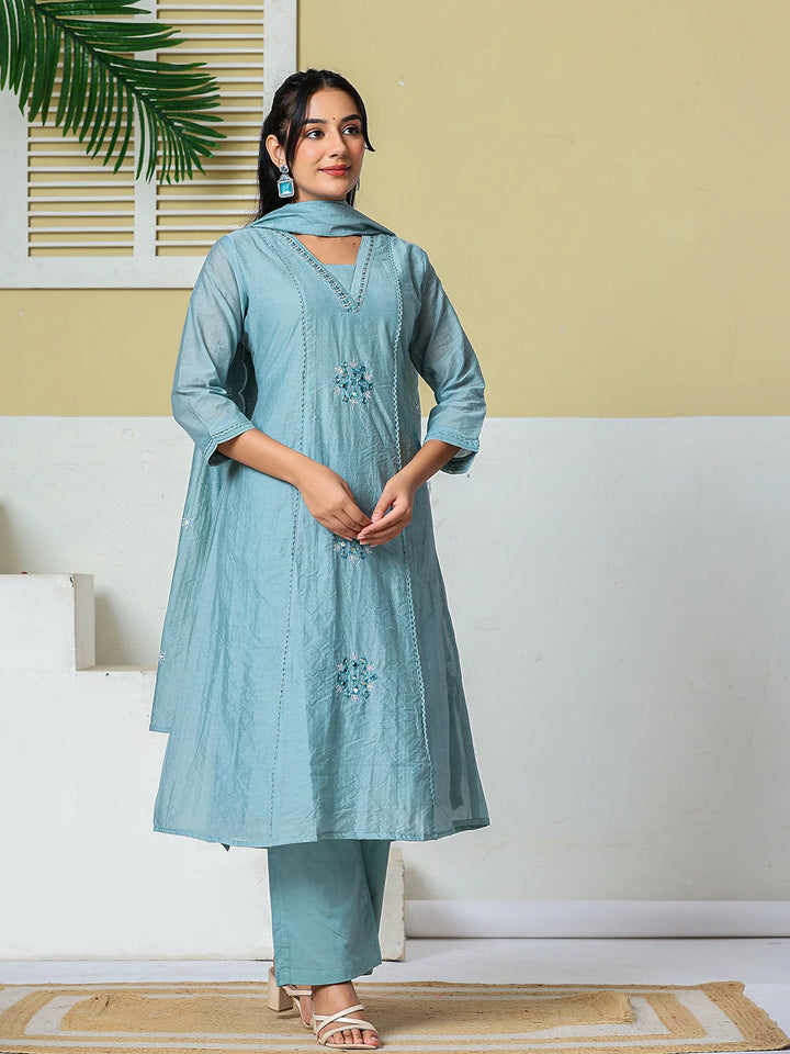 Blue Mul Chanderi Embroidery A Line Kurta Pant Dupatta Set