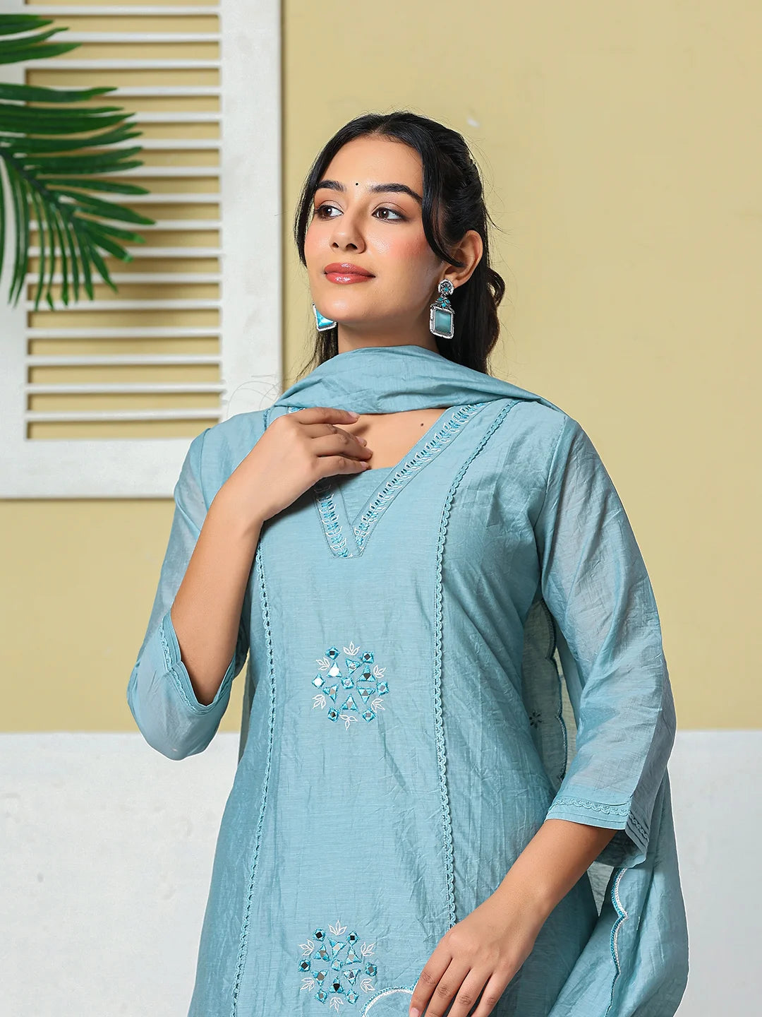 Blue Mul Chanderi Embroidery A Line Kurta Pant Dupatta Set