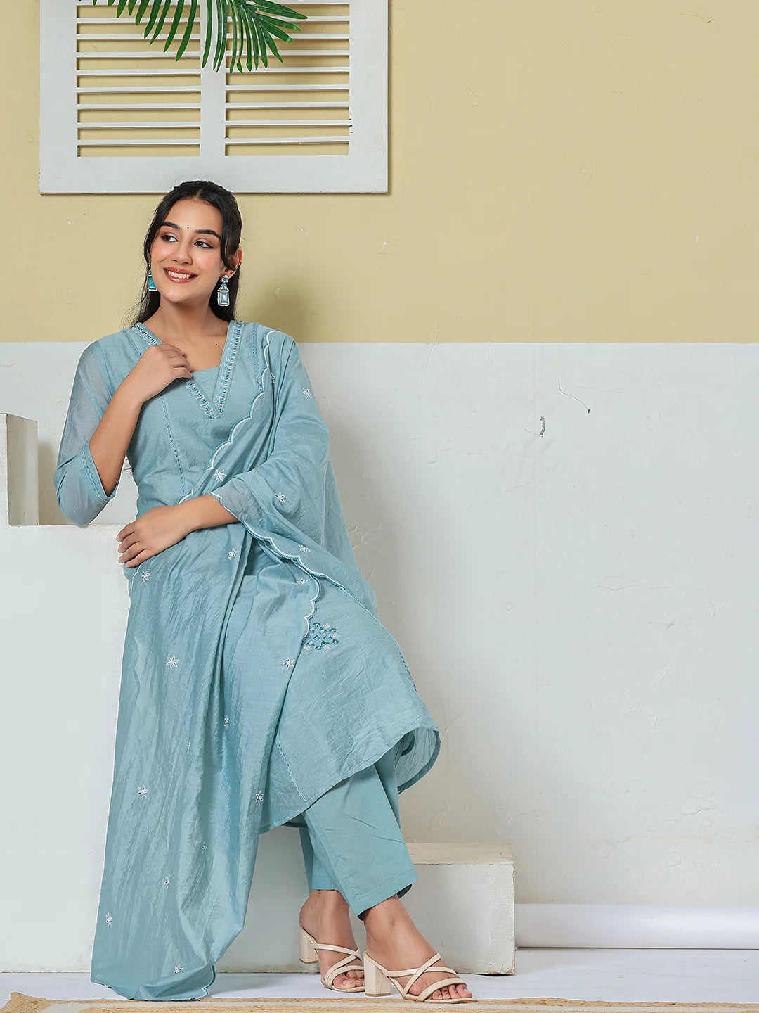 Blue Mul Chanderi Embroidery A Line Kurta Pant Dupatta Set