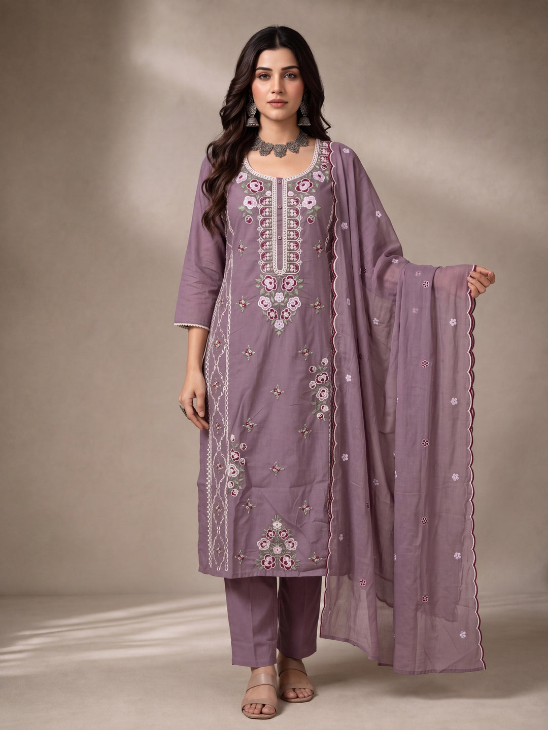 Lavender Mul Chanderi Embroidery Straight Lining Kurta Pant Dupatta Set