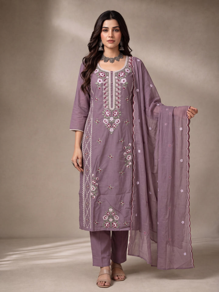 Lavender Mul Chanderi Embroidery Straight Lining Kurta Pant Dupatta Set