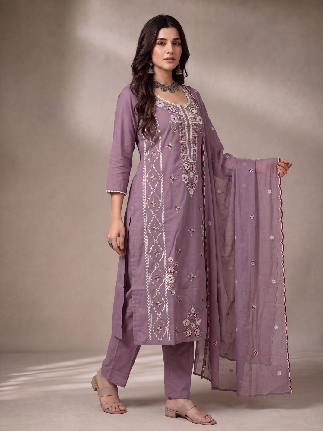 Lavender Mul Chanderi Embroidery Straight Lining Kurta Pant Dupatta Set