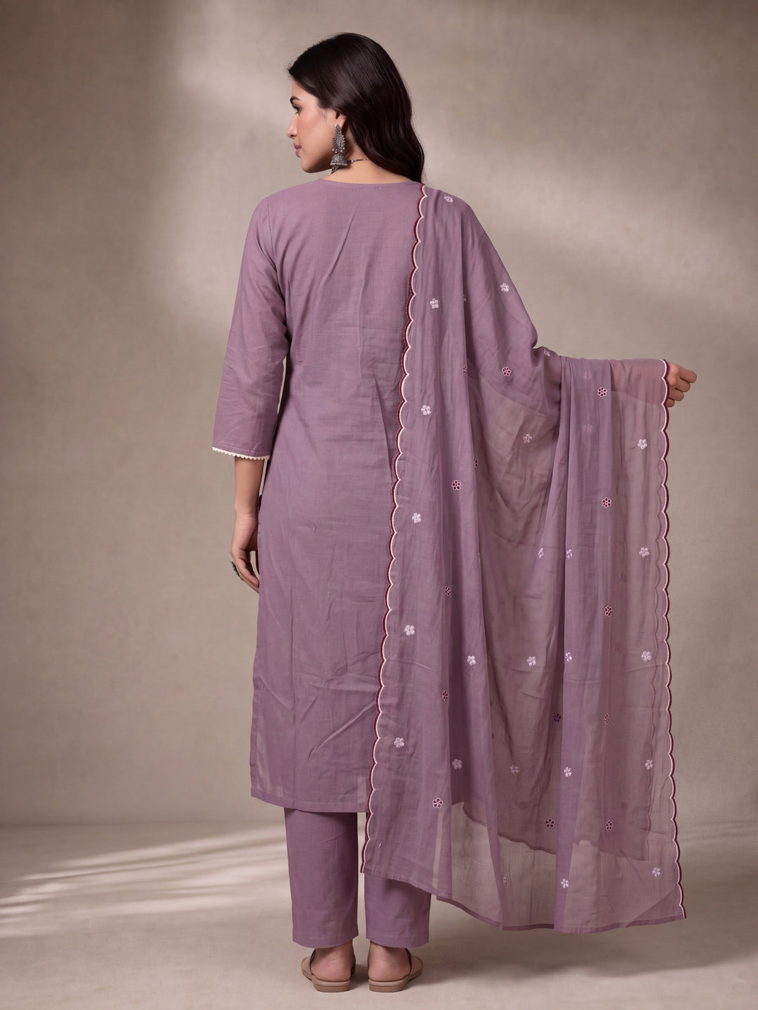 Lavender Mul Chanderi Embroidery Straight Lining Kurta Pant Dupatta Set