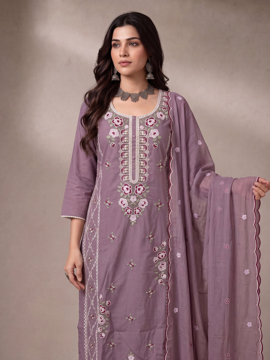 Lavender Mul Chanderi Embroidery Straight Lining Kurta Pant Dupatta Set