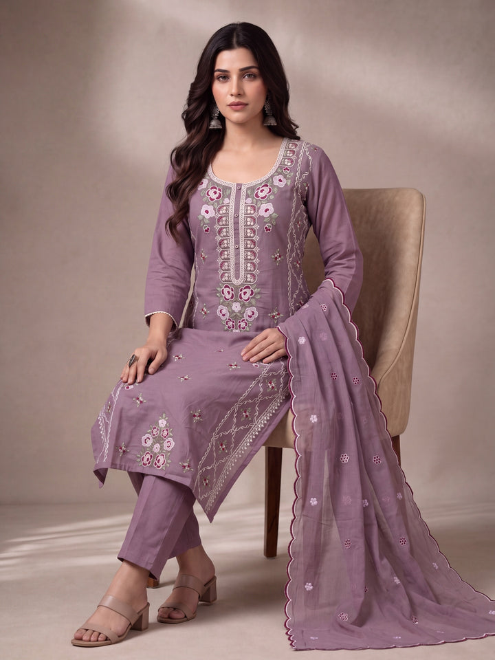 Lavender Mul Chanderi Embroidery Straight Lining Kurta Pant Dupatta Set