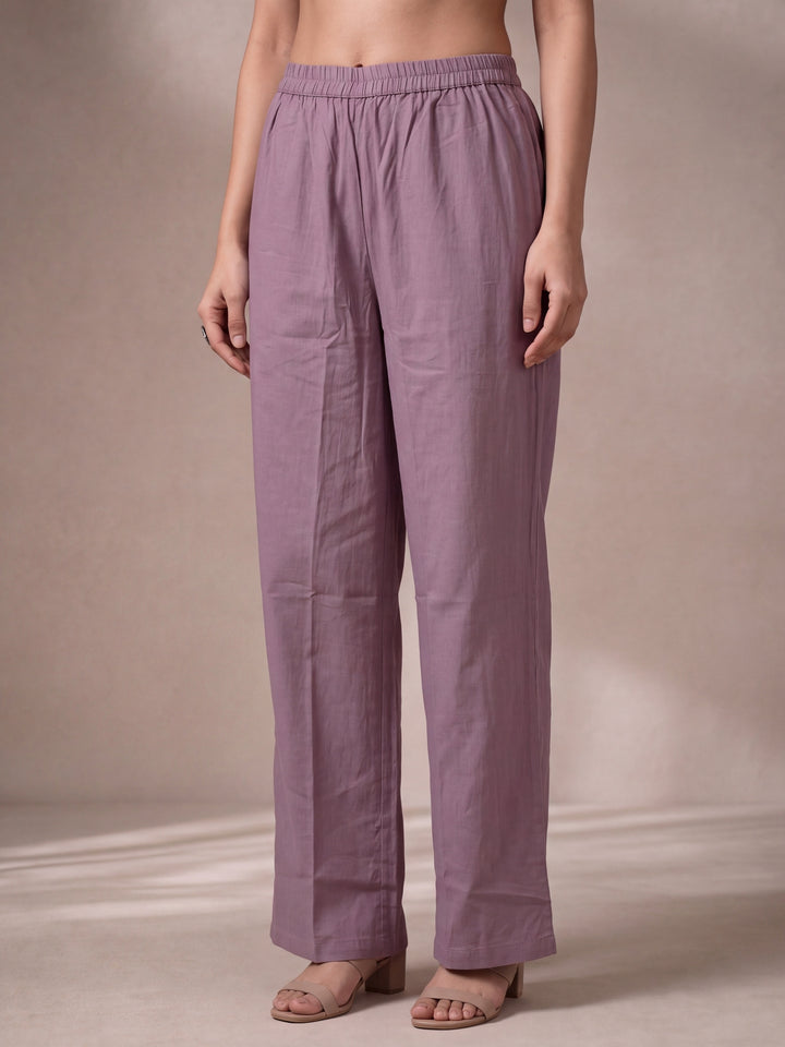 Lavender Mul Chanderi Embroidery Straight Lining Kurta Pant Dupatta Set
