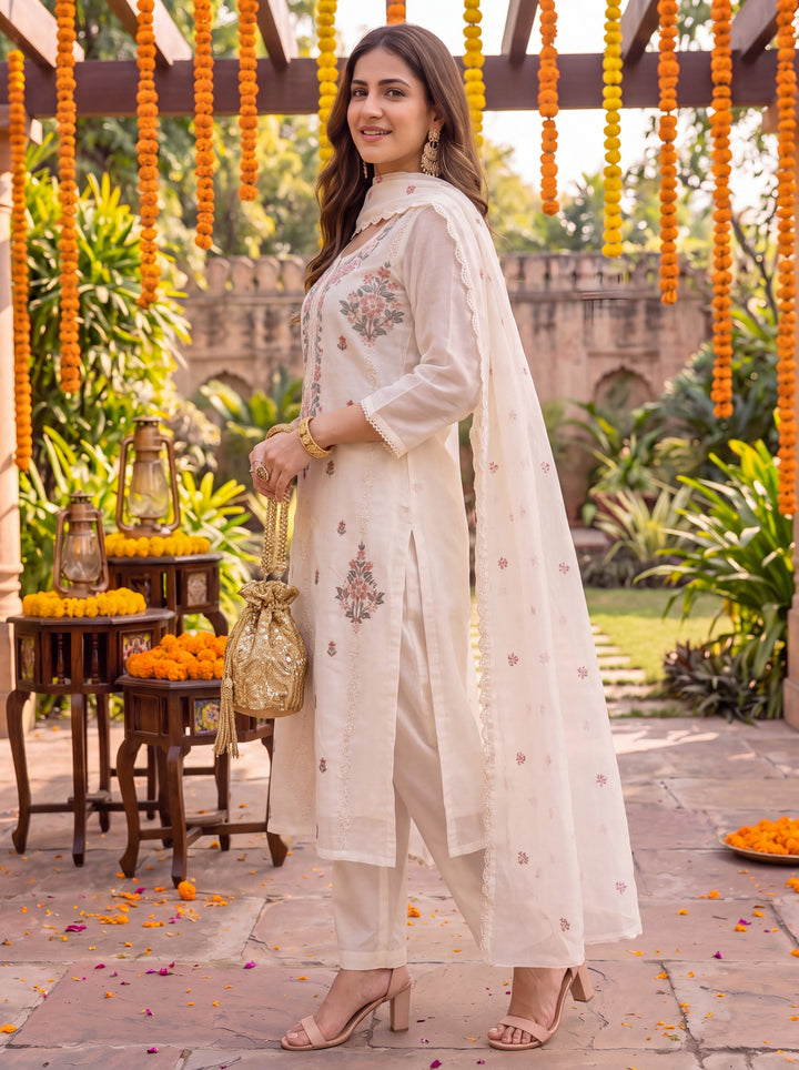 Cream Chanderi Cotton Lining Kurta Dupatta Pant Set