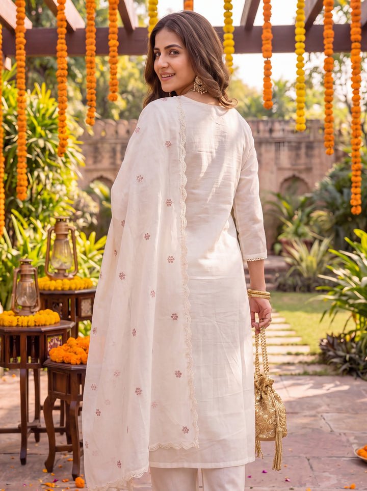 Cream Chanderi Cotton Lining Kurta Dupatta Pant Set