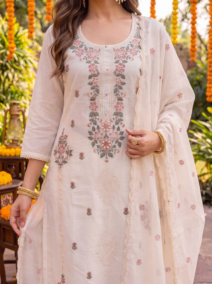 Cream Chanderi Cotton Lining Kurta Dupatta Pant Set