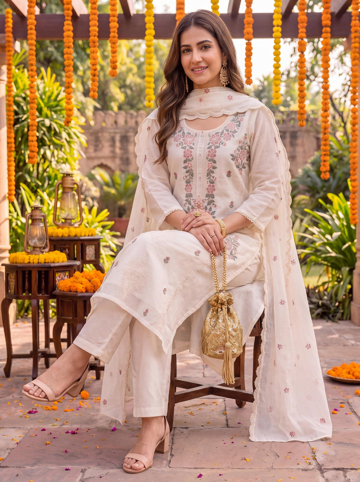 Cream Chanderi Cotton Lining Kurta Dupatta Pant Set