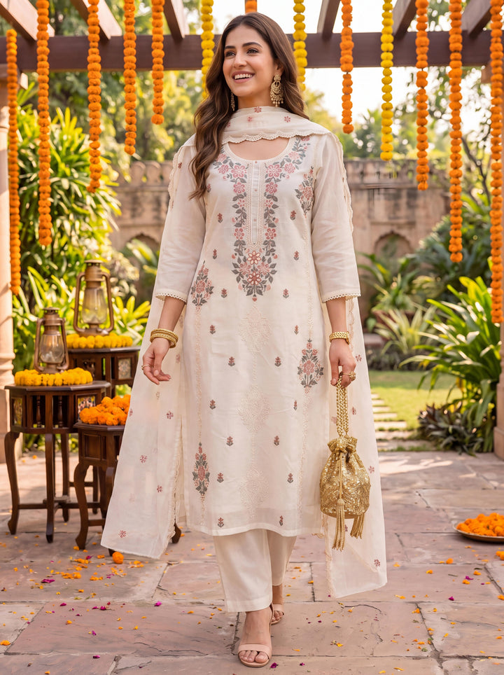 Cream Chanderi Cotton Lining Kurta Dupatta Pant Set