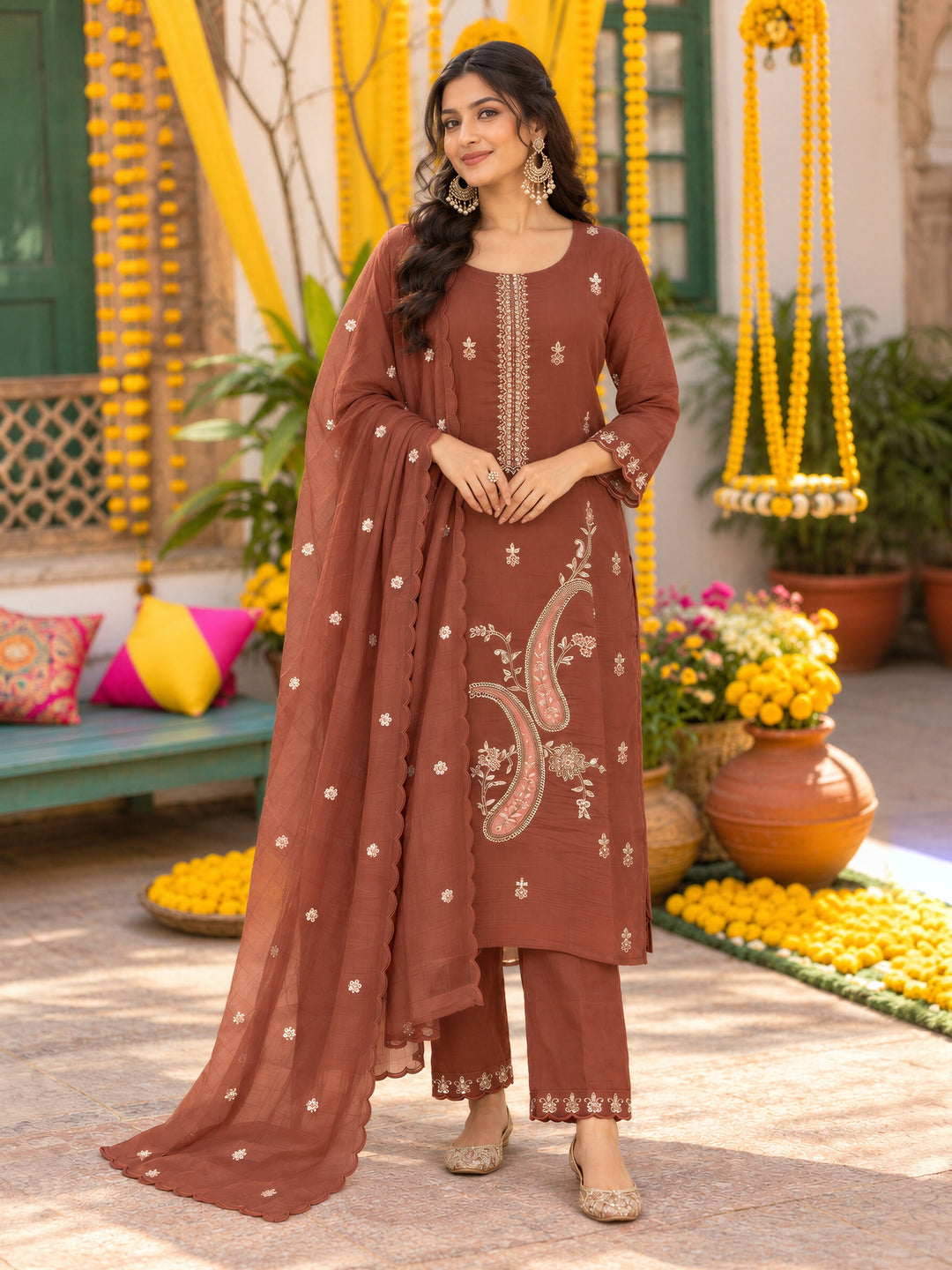 Brown Mal Chanderi  Kurta Pant Dupatta Set