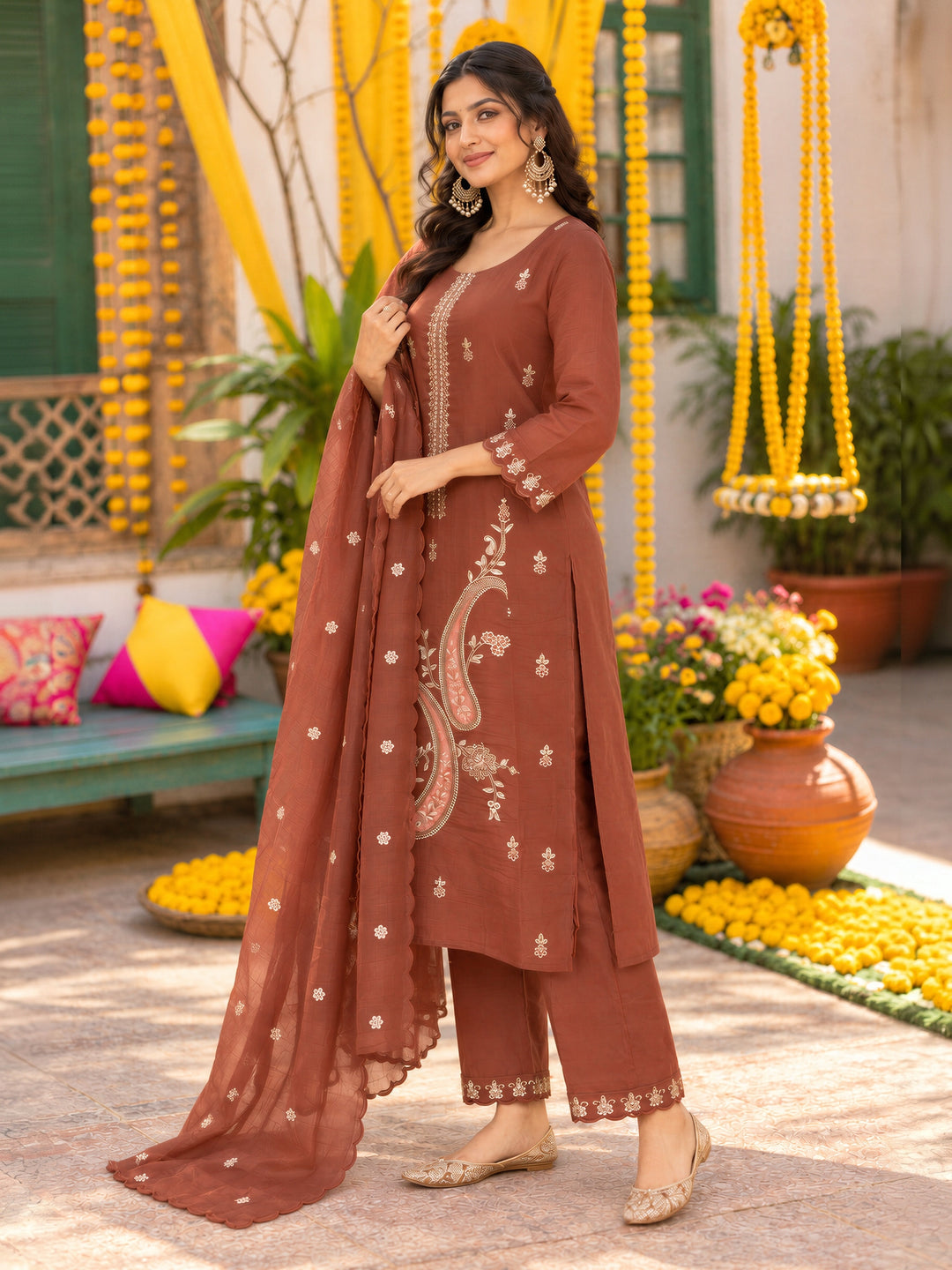 Brown Mal Chanderi  Kurta Pant Dupatta Set