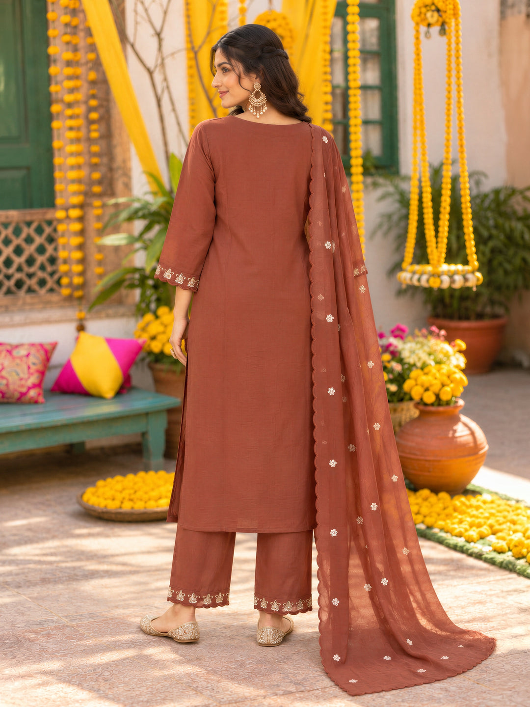 Brown Mal Chanderi  Kurta Pant Dupatta Set