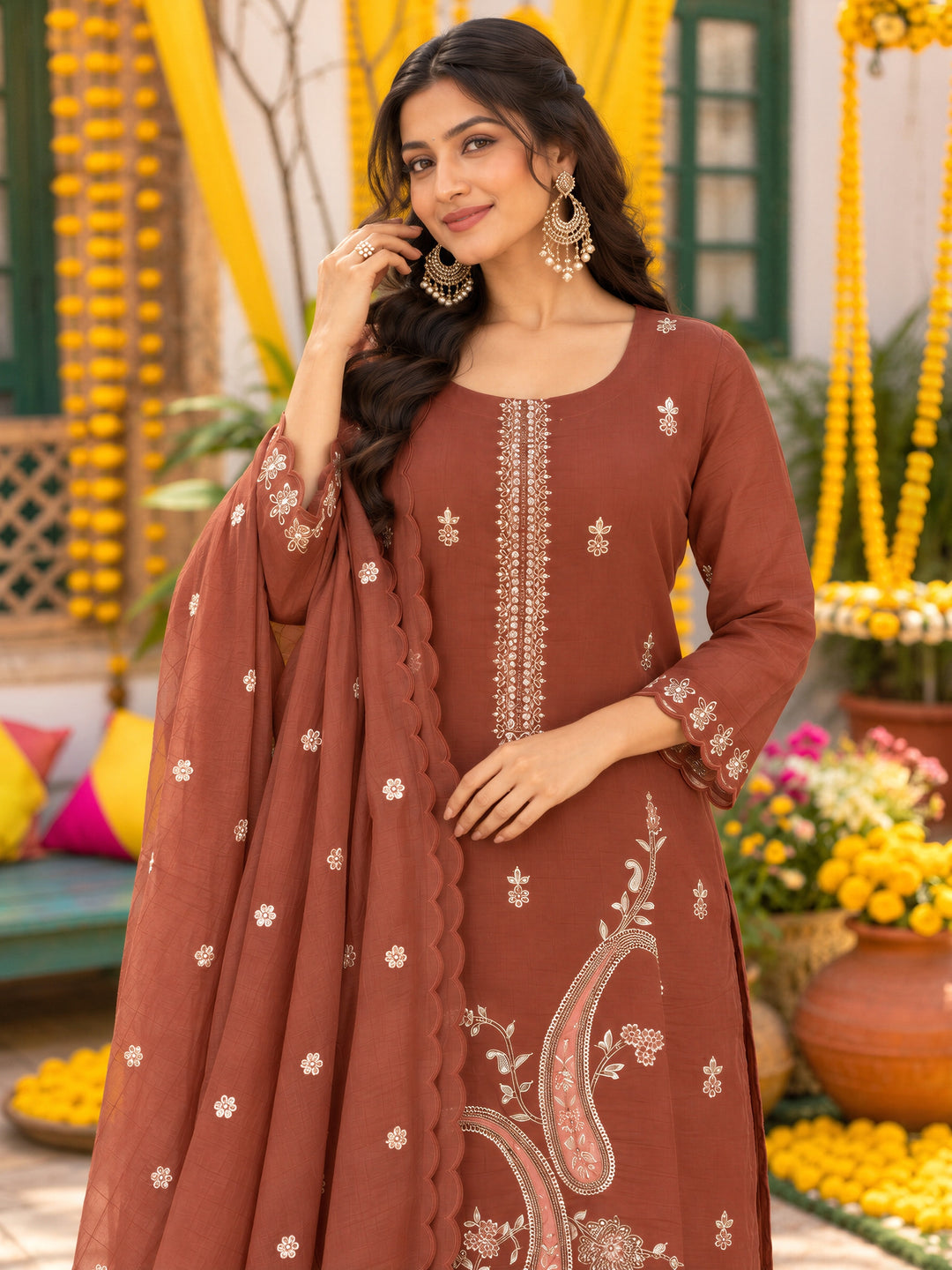 Brown Mal Chanderi  Kurta Pant Dupatta Set