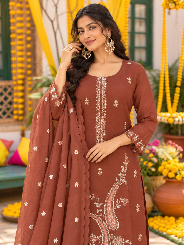 Brown Mal Chanderi  Kurta Pant Dupatta Set
