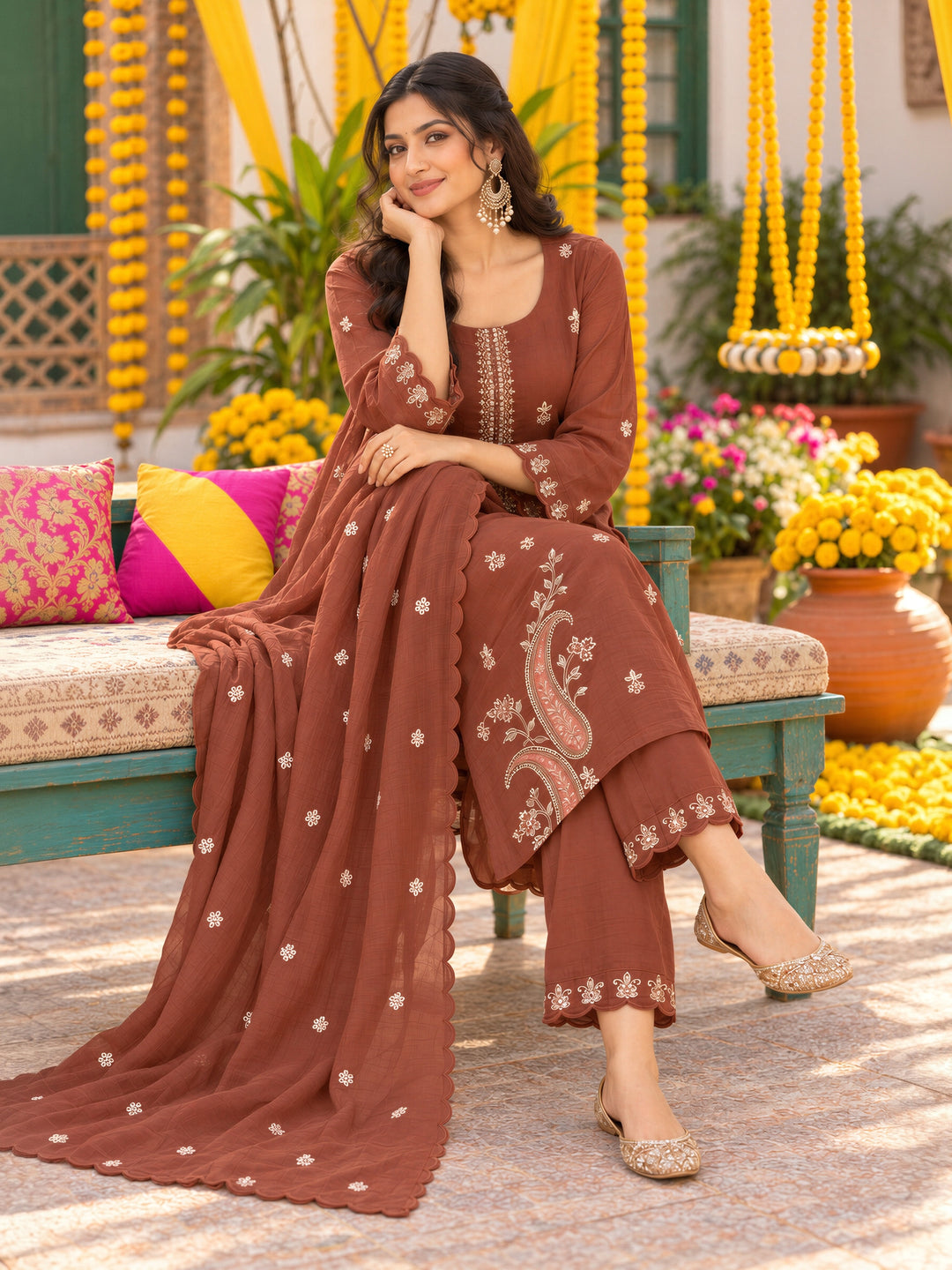 Brown Mal Chanderi  Kurta Pant Dupatta Set