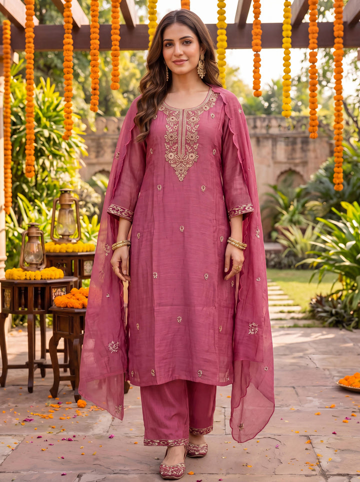 Pink Chanderi Cotton Lining Kurta Dupatta Pant Set