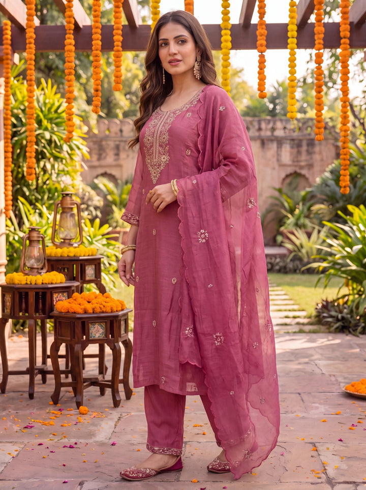 Pink Chanderi Cotton Lining Kurta Dupatta Pant Set