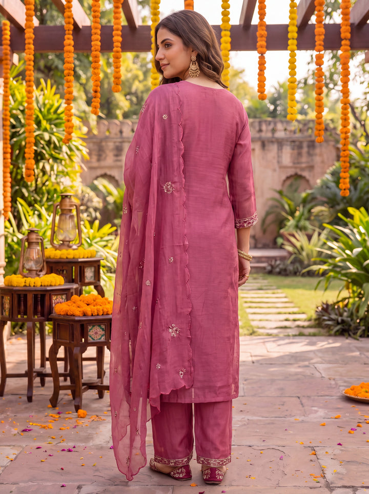 Pink Chanderi Cotton Lining Kurta Dupatta Pant Set
