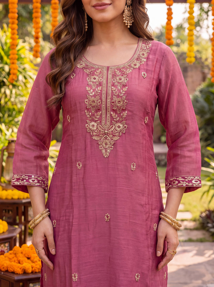 Pink Chanderi Cotton Lining Kurta Dupatta Pant Set