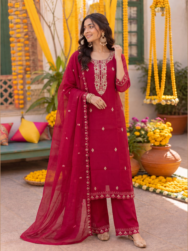 Pink Mal Chanderi  Kurta Pant Dupatta Set