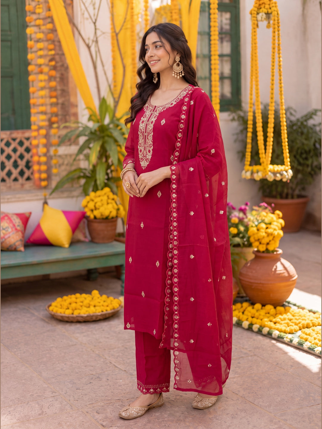 Pink Mal Chanderi  Kurta Pant Dupatta Set