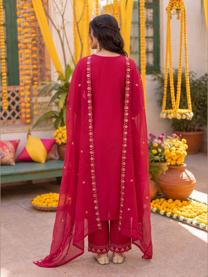 Pink Mal Chanderi  Kurta Pant Dupatta Set