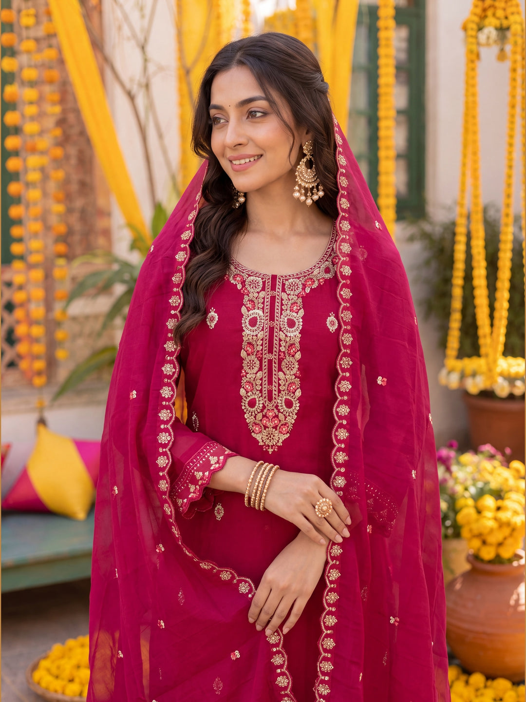 Pink Mal Chanderi  Kurta Pant Dupatta Set