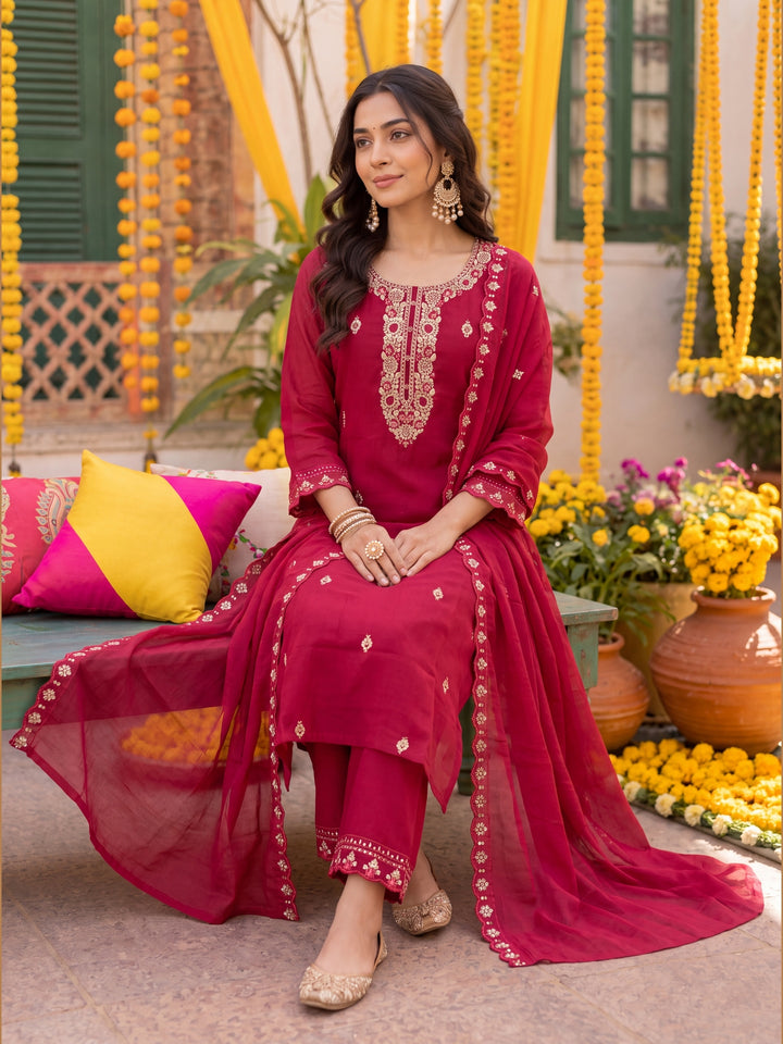Pink Mal Chanderi  Kurta Pant Dupatta Set