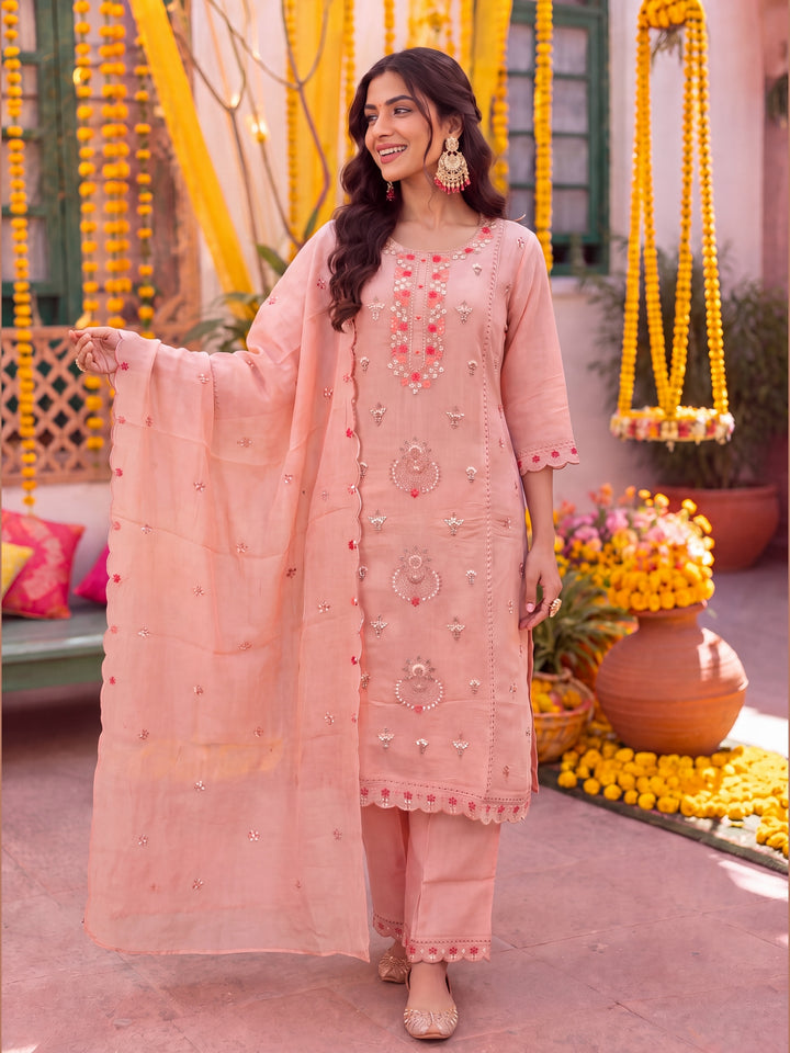 Peach Coral Silk Kurta Pant Dupatta Set