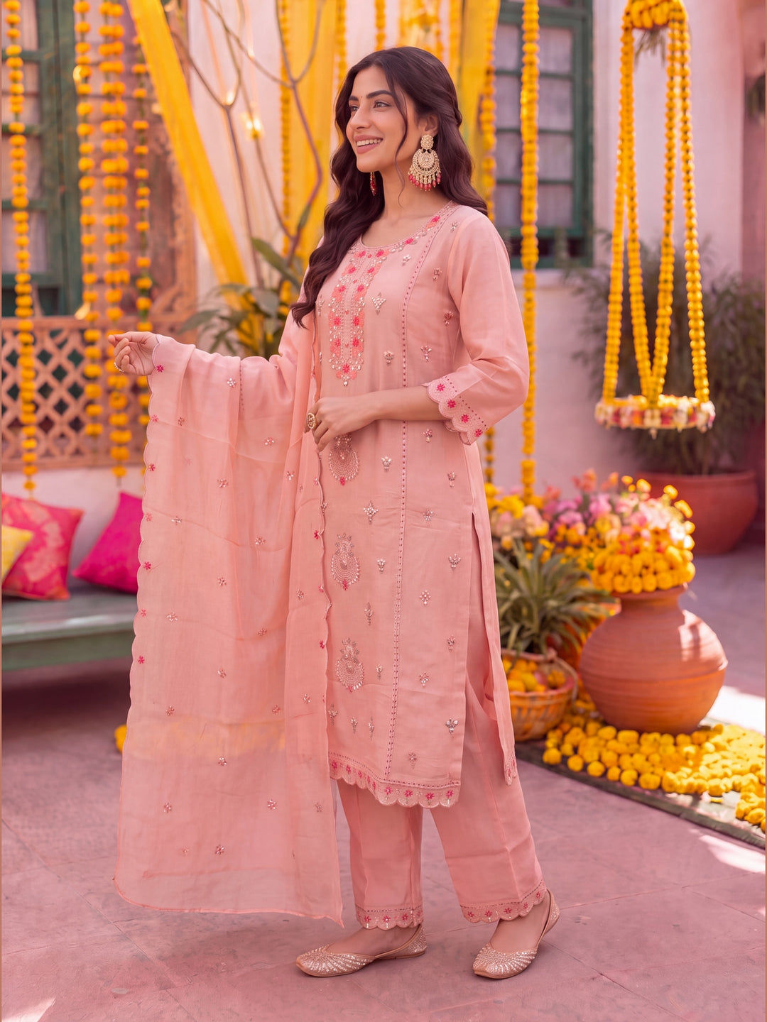 Peach Coral Silk Kurta Pant Dupatta Set