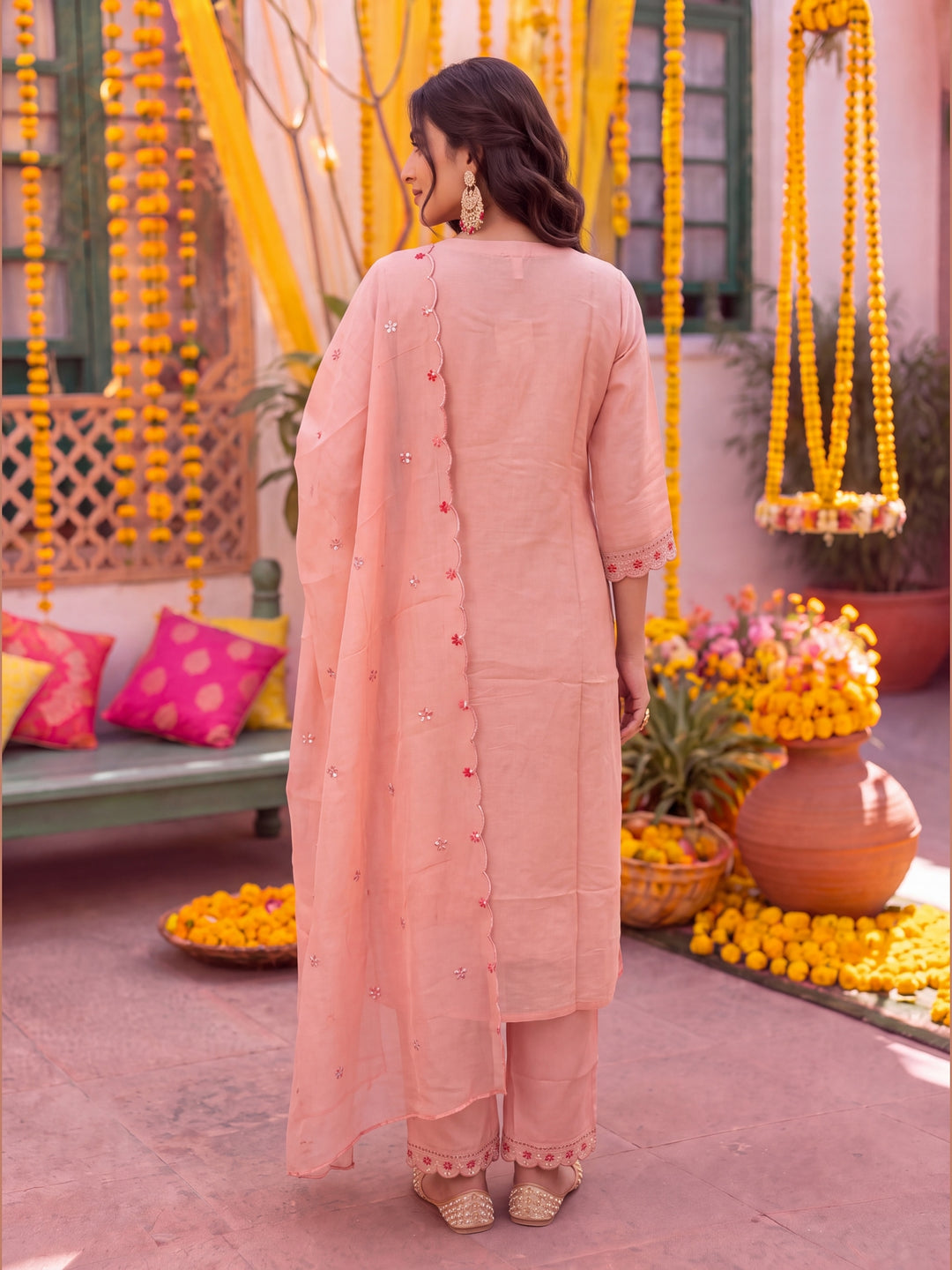 Peach Coral Silk Kurta Pant Dupatta Set