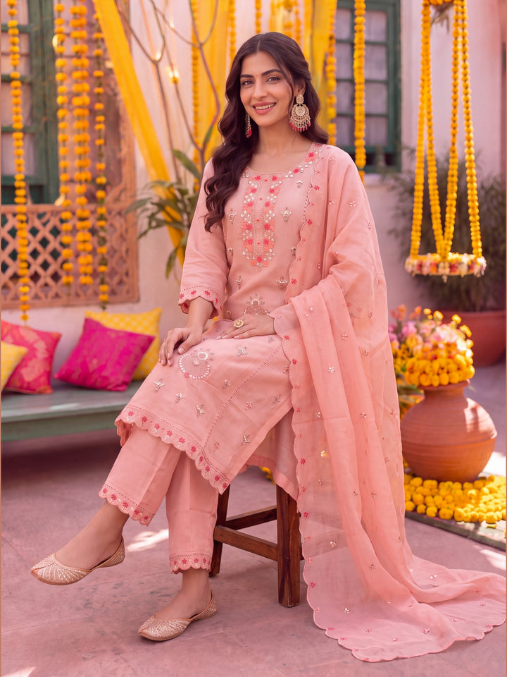 Peach Coral Silk Kurta Pant Dupatta Set