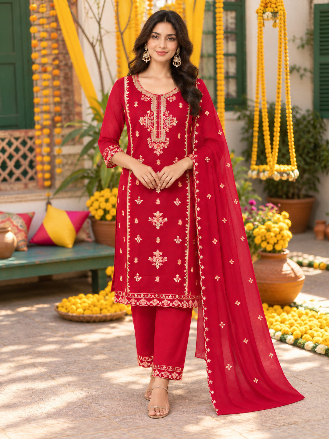 Pink Coral Silk Kurta Pant Dupatta Set