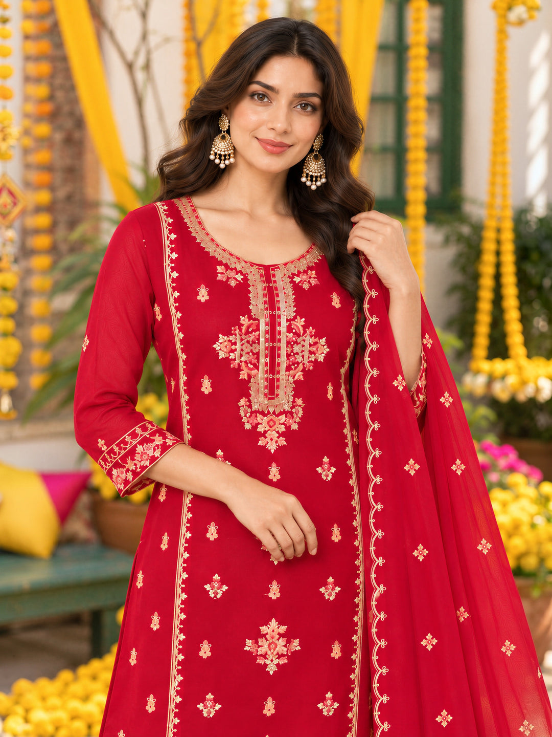 Pink Coral Silk Kurta Pant Dupatta Set