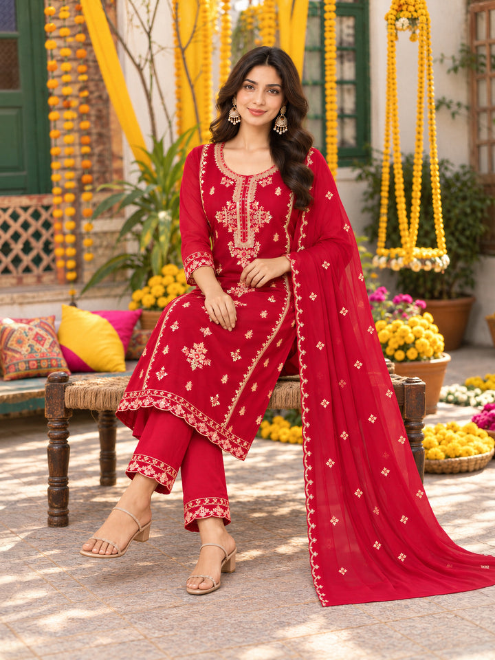 Pink Coral Silk Kurta Pant Dupatta Set