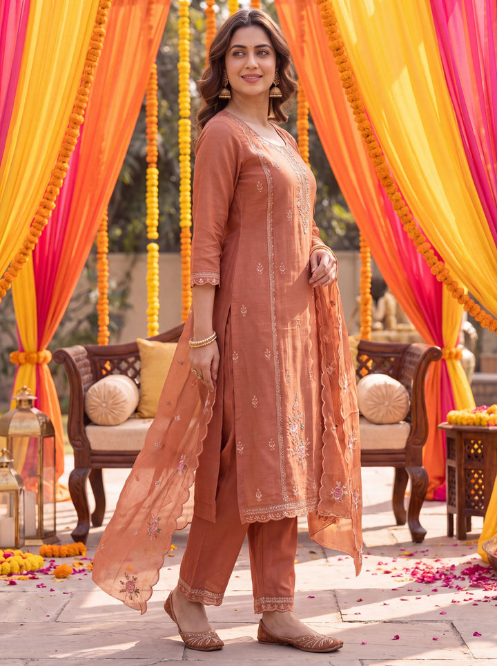 Rust Tissue Lining Kurta Dupatta Pant Set