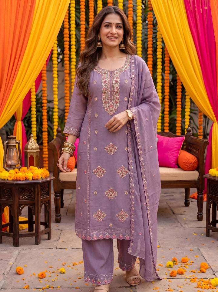 Lavender Tissue Lining Kurta Dupatta Pant Set