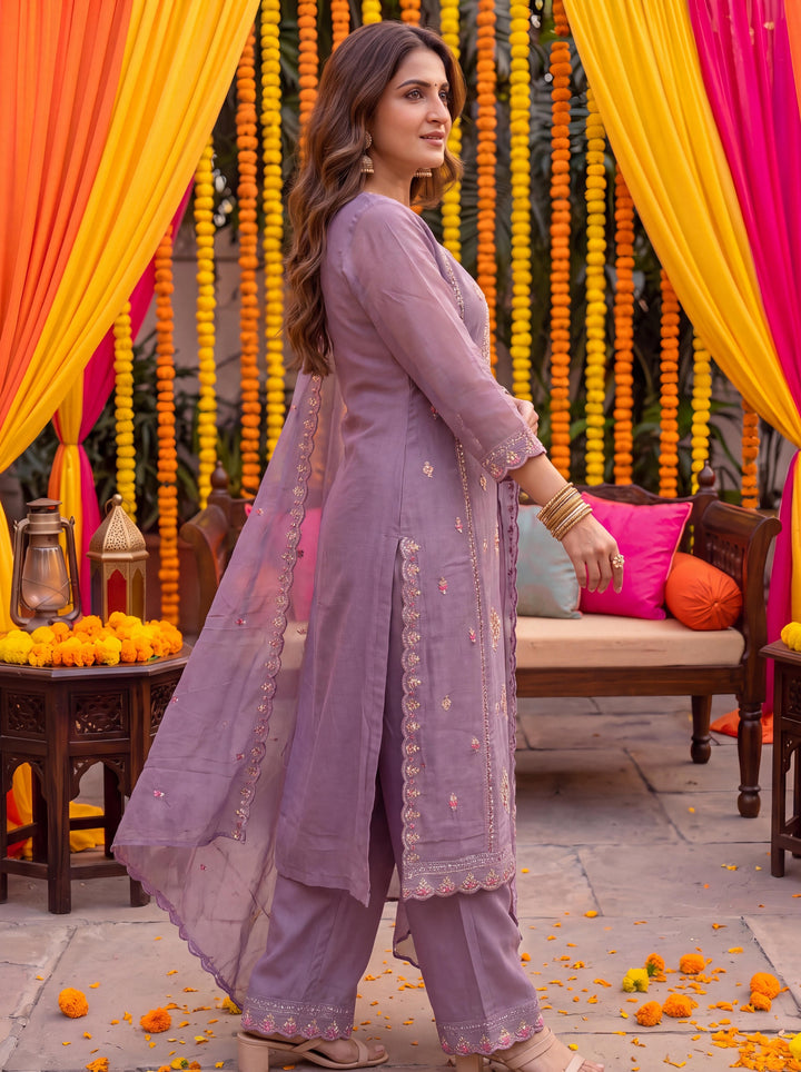 Lavender Tissue Lining Kurta Dupatta Pant Set