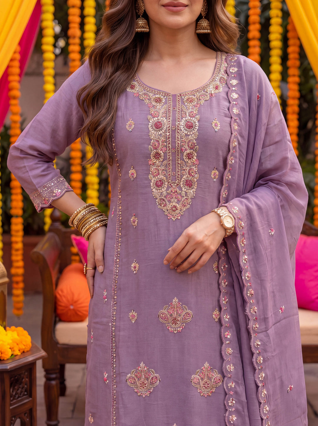 Lavender Tissue Lining Kurta Dupatta Pant Set