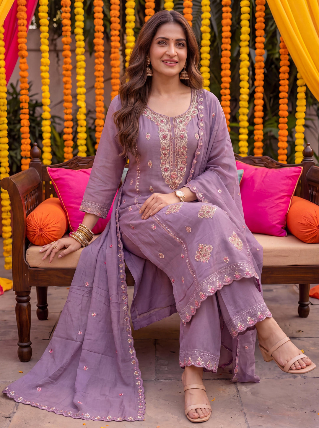 Lavender Tissue Lining Kurta Dupatta Pant Set