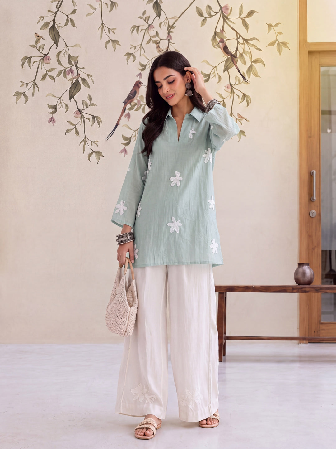 Sea Green Pure Silk Chanderi Floral Applique Top