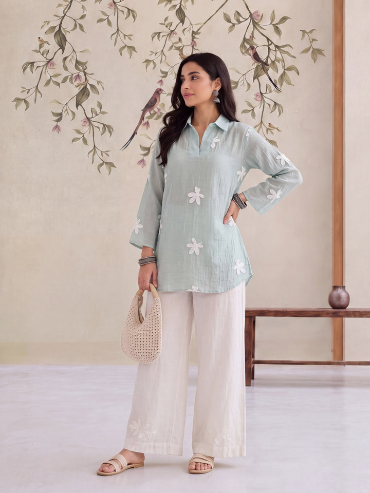 Sea Green Pure Silk Chanderi Floral Applique Top
