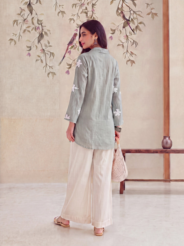 Sea Green Pure Silk Chanderi Floral Applique Top