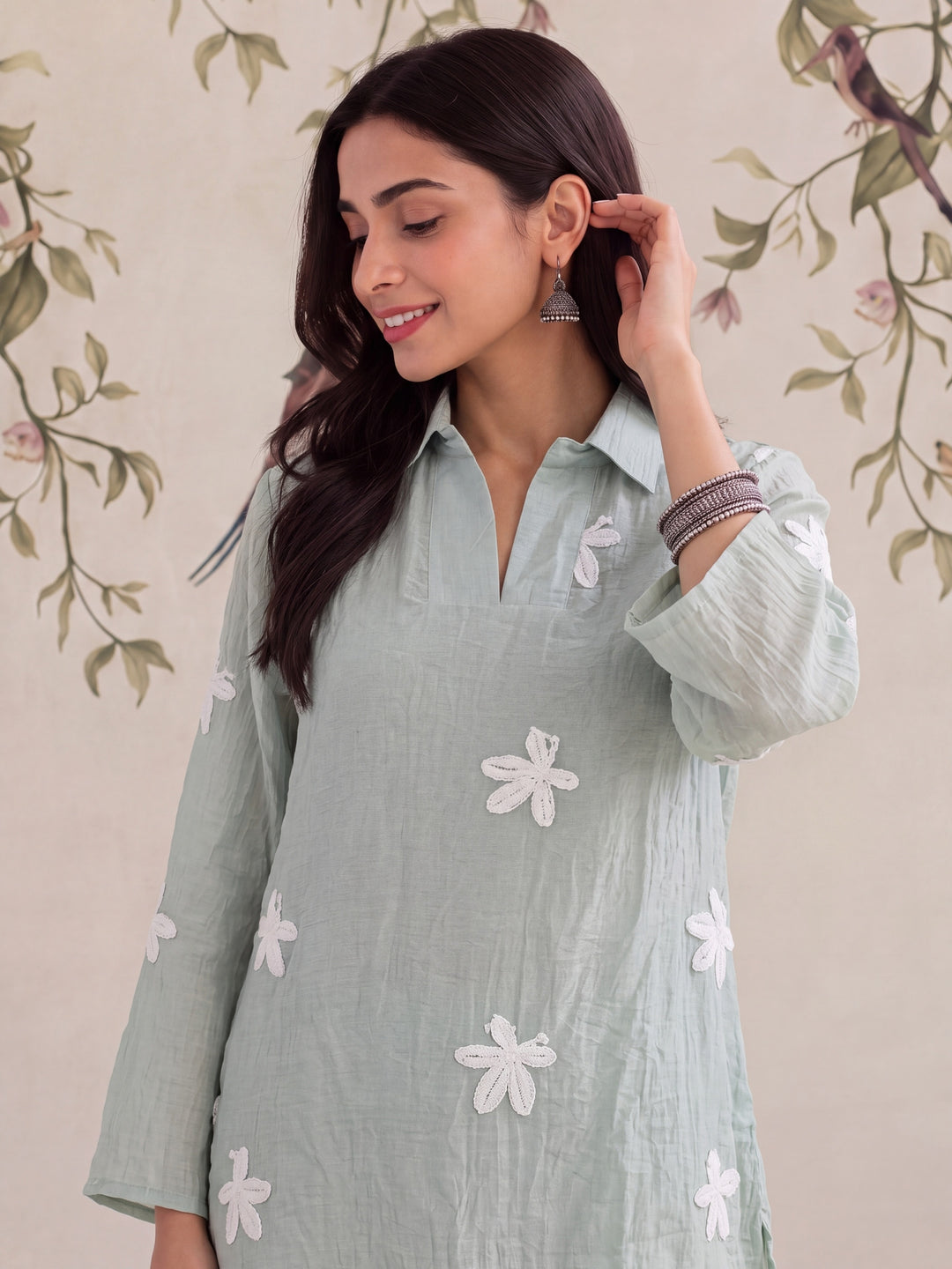 Sea Green Pure Silk Chanderi Floral Applique Top