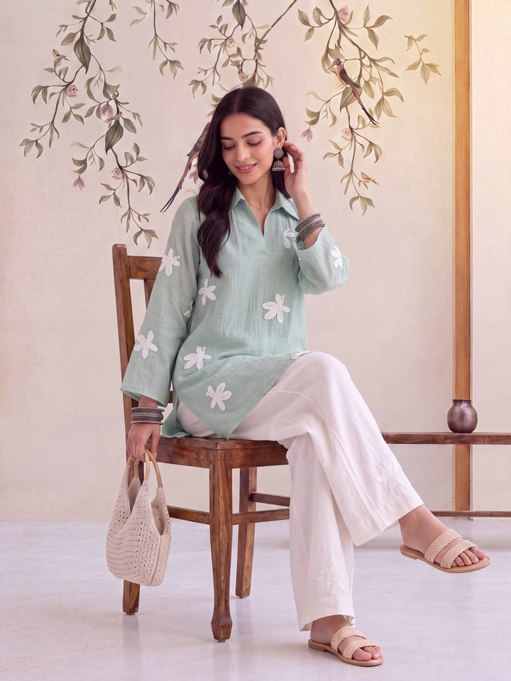 Sea Green Pure Silk Chanderi Floral Applique Top